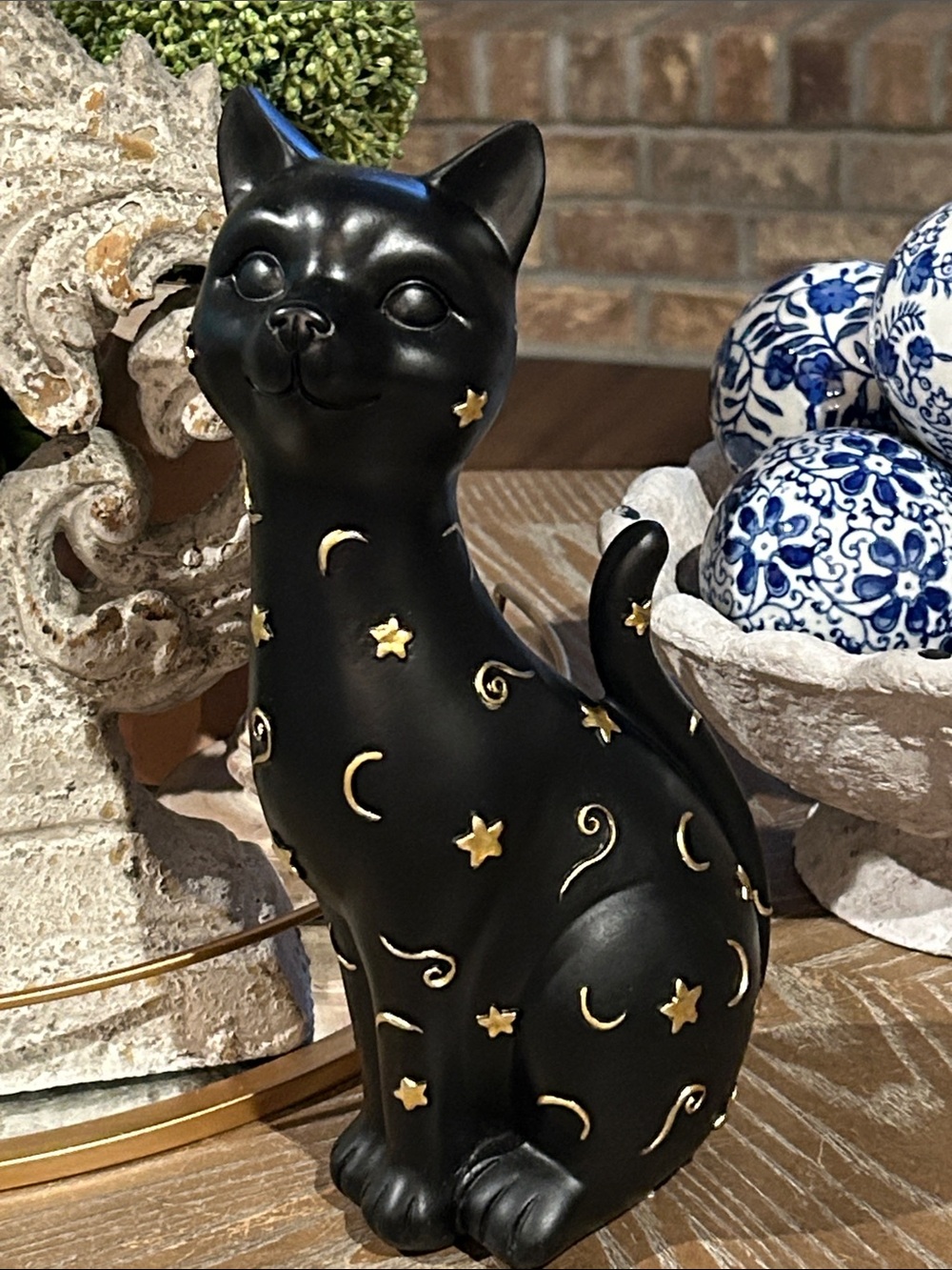 NEW! Gothic Black Witch Cat Statue with Celestial Gold Stars & Moons